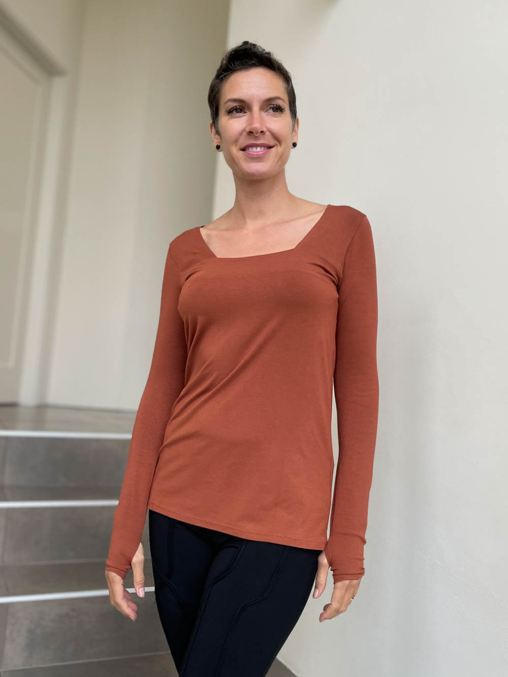 caraucci pumpkin orange long sleeve square neck top #color_copper