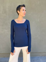 caraucci navy blue long sleeve square neck top #color_navy