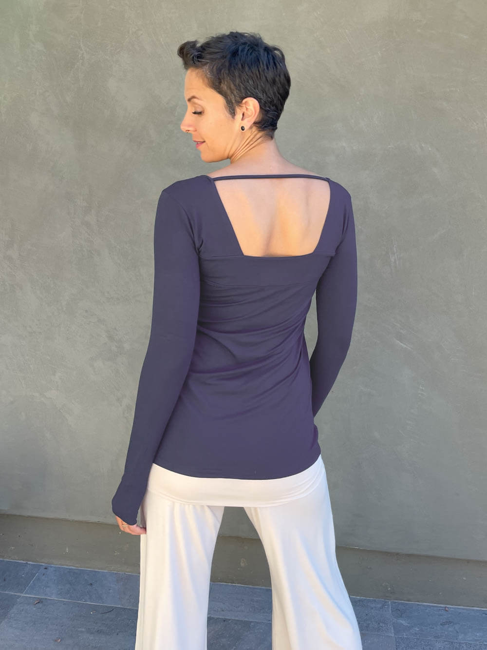 caraucci steel grey long sleeve square neck top #color_steel