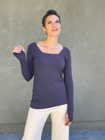 caraucci steel grey long sleeve square neck top #color_steel