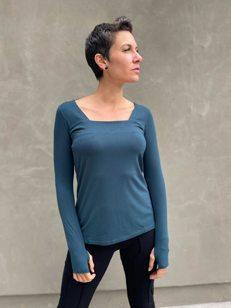 caraucci teal blue long sleeve square neck top #color_teal