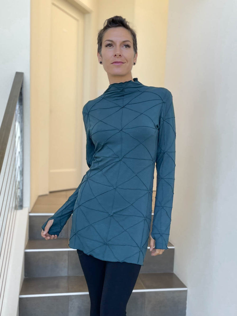 women's plant based rayon jersey stretchy textured long sleeve teal mock neck with thumbholes #color_teal
