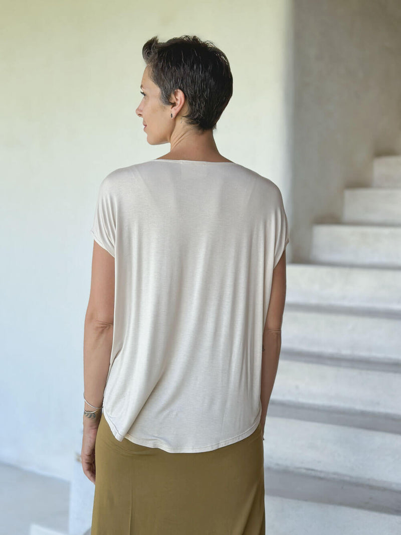 caraucci plant-based rayon jersey lightweight cream unstructured cap sleeve tee #color_cream