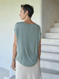 caraucci plant-based rayon jersey lightweight sage green unstructured cap sleeve tee #color_moss