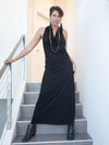 women's bamboo jersey double lined black cowl neck racerback maxi dress #color_black
