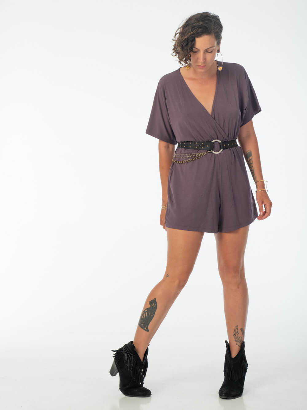 womens loose fit natural jersey steel grey one piece shortsie romper #color_steel