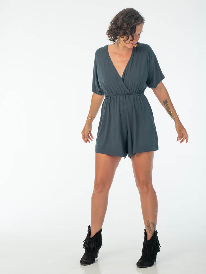 womens loose fit natural jersey teal one piece shortsie romper #color_teal