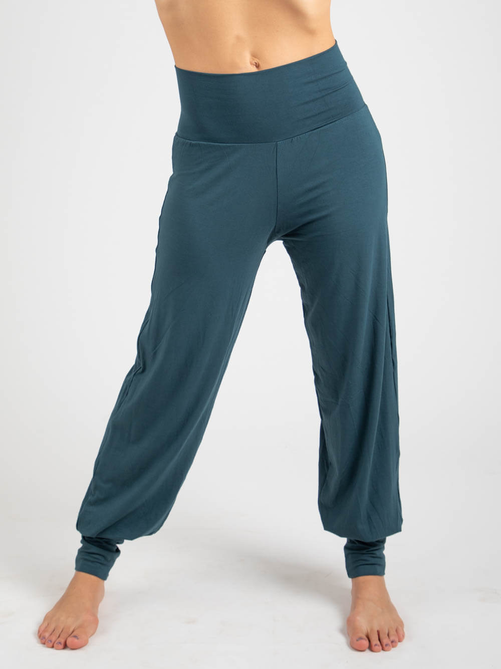caraucci women's natural jersey comfortable loose fit teal blue slim jogger pants with fold over waistband  #color_teal