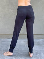 women's bamboo spandex black jogger pants with two front pockets #color_black