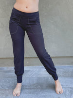 women's bamboo spandex black jogger pants with two front pockets #color_black
