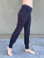 women's bamboo spandex black jogger pants with two front pockets #color_black