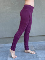 women's bamboo spandex purple pants with raised stitch details and 2 zipper pockets #color_jam