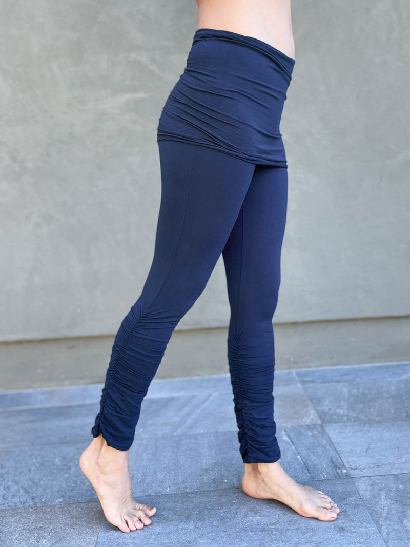 caraucci women's plant-based rayon lycra navy blue skirt over full length and capri leggings with ruched bottom #color_navy