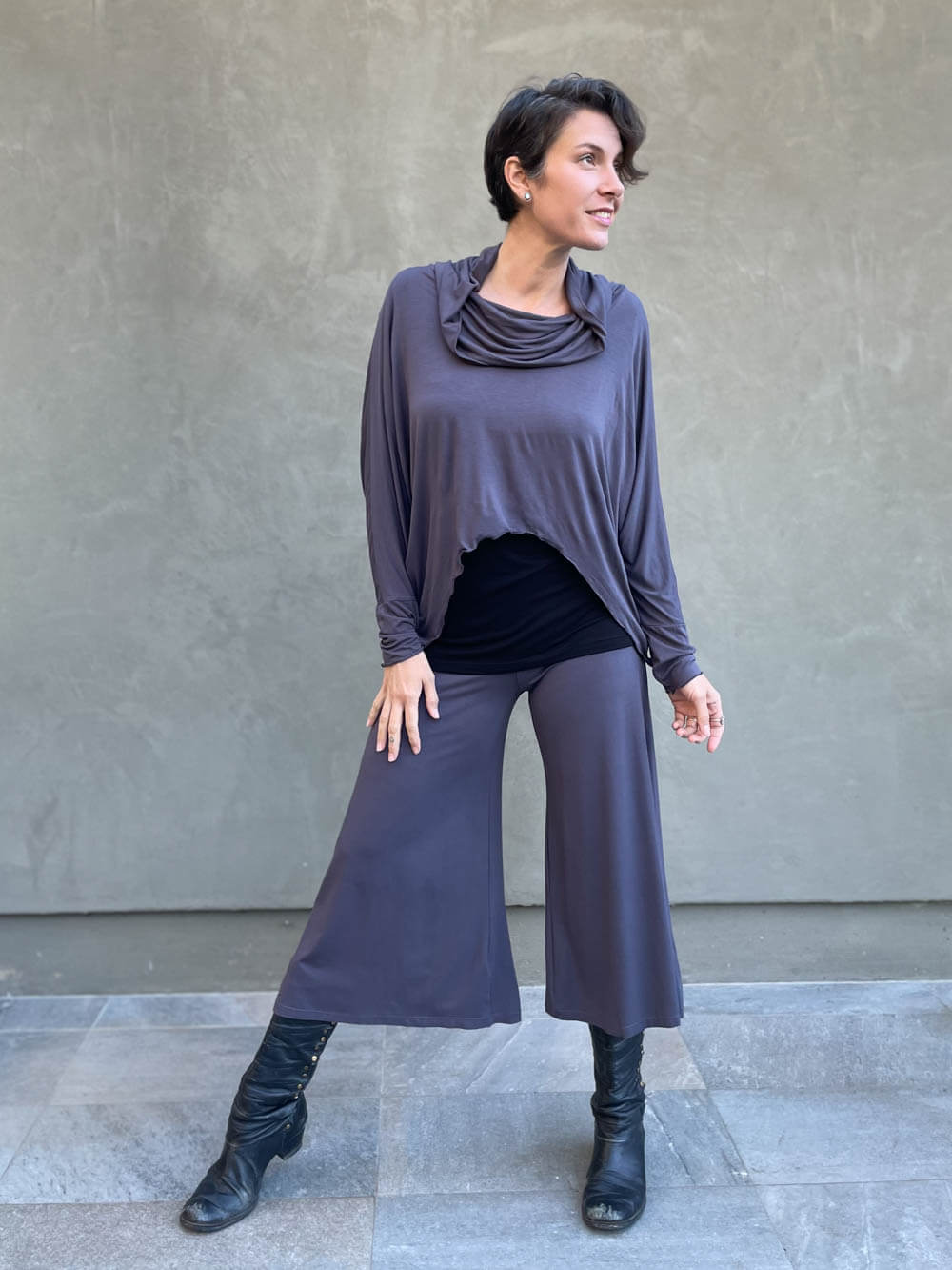 women's natural lightweight rayon jersey cowl neck loose fit top with thumbholes #color_steel