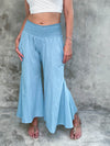caraucci aquamarine blue cotton cropped pocket flare pants with smocked stretchy waistband #color_aqua