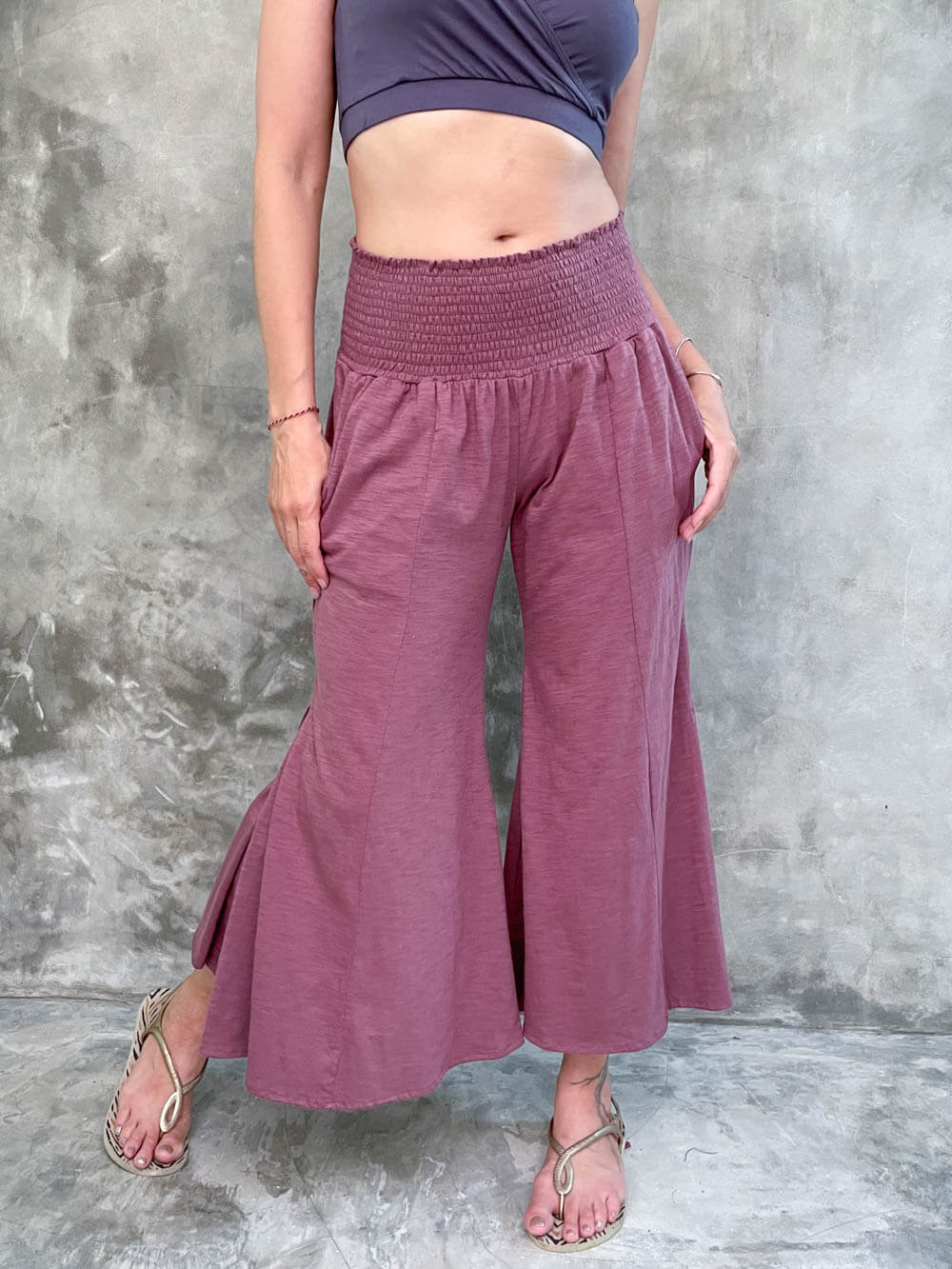 caraucci watermelon pink cotton cropped pocket flare pants with smocked stretchy waistband #color_mangosteen