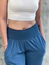 caraucci denim blue cotton cropped pocket flare pants with smocked stretchy waistband #color_pacific