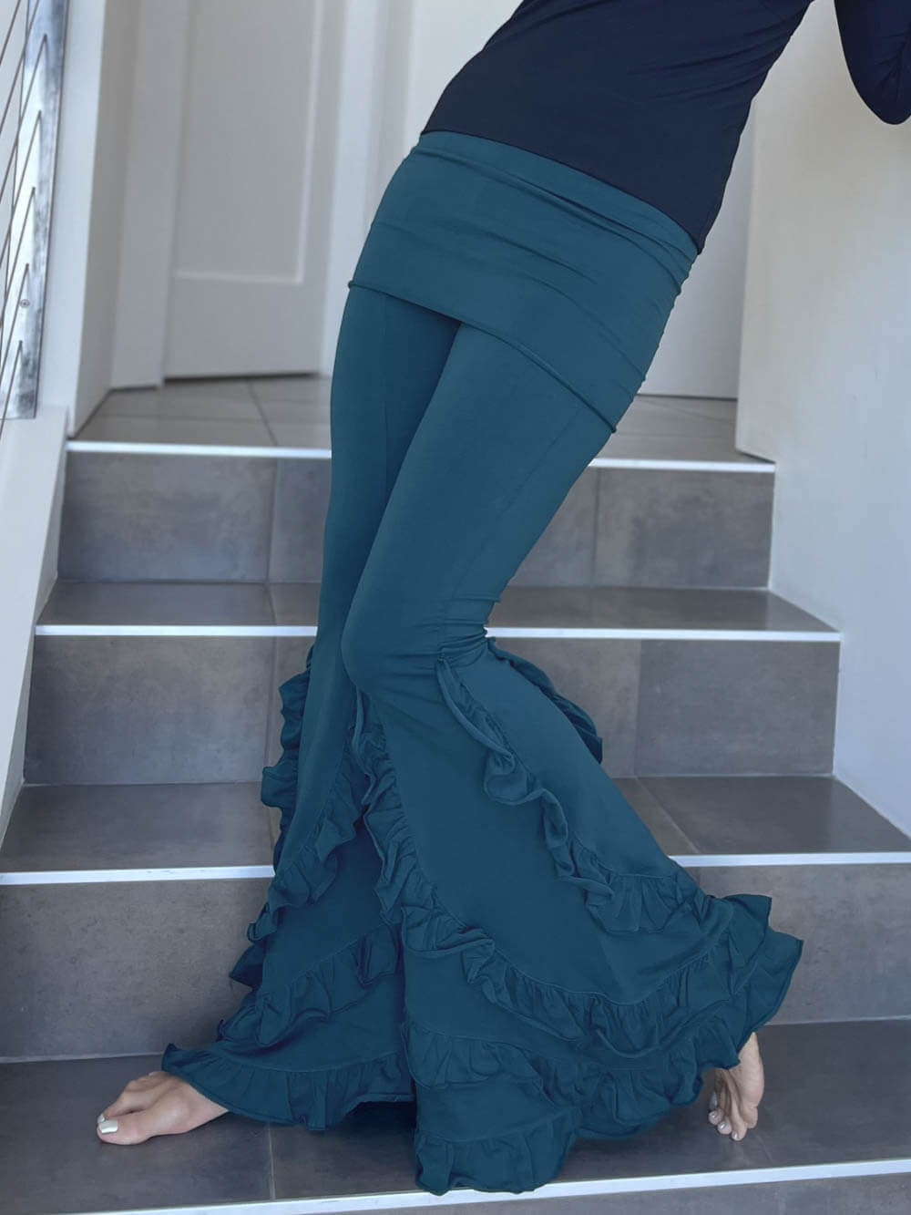 caraucci skirt over stretch flare ruffle pants in teal #color_teal
