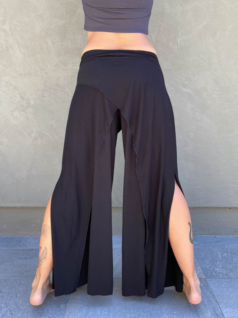 women's natural stretch rayon jersey wide leg side slit elastic waistband pants #color_black