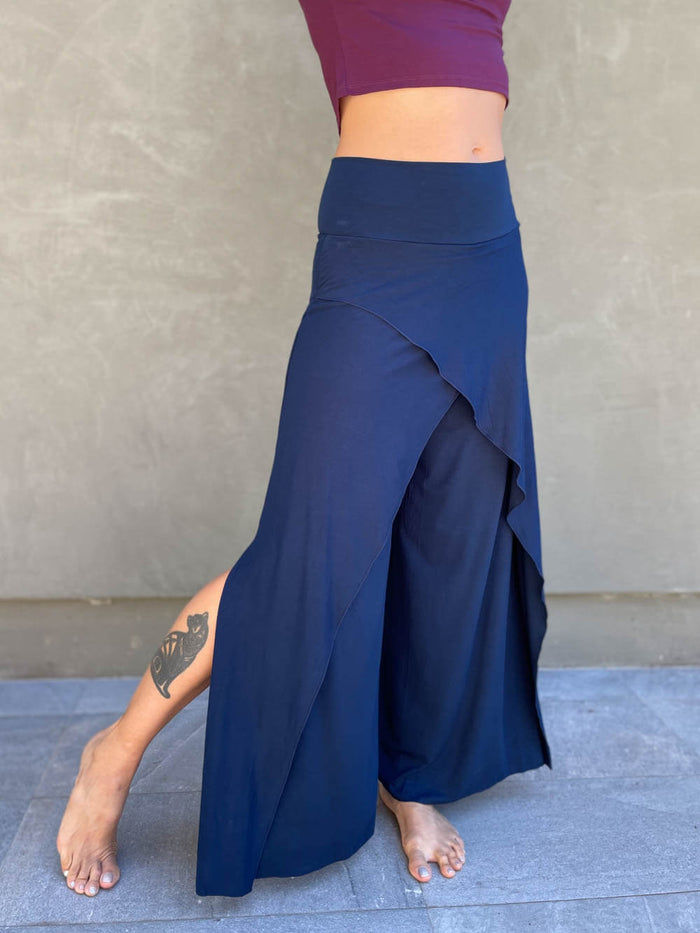 women's natural stretch rayon jersey wide leg side slit elastic waistband pants #color_navy