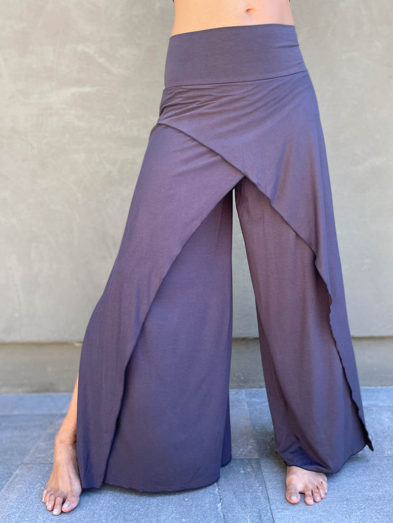 women's natural stretch rayon jersey wide leg side slit elastic waistband pants #color_steel