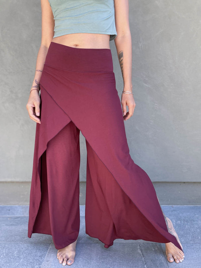 women's natural stretch rayon jersey wide leg side slit elastic waistband pants #color_wine