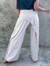 women's natural stretch rayon jersey wide leg side slit elastic waistband pants #color_cream