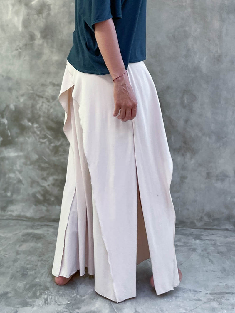 women's natural stretch rayon jersey wide leg side slit elastic waistband pants #color_cream