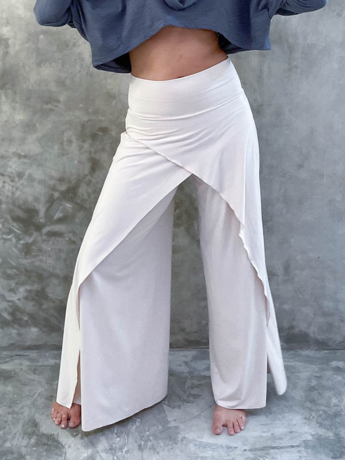 women's natural stretch rayon jersey wide leg side slit elastic waistband pants #color_cream