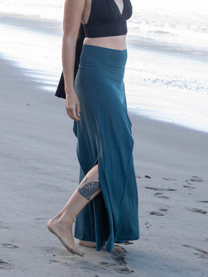 women's natural stretch rayon jersey wide leg side slit elastic waistband pants #color_teal