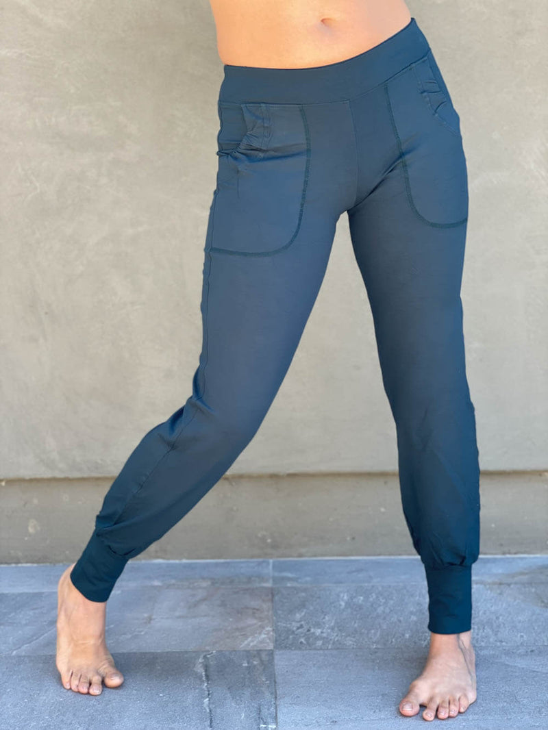 women's bamboo spandex teal blue jogger pants with two front pockets #color_teal