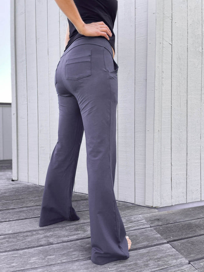 women's bamboo spandex full length steel grey pants with two front and back pockets #color_steel