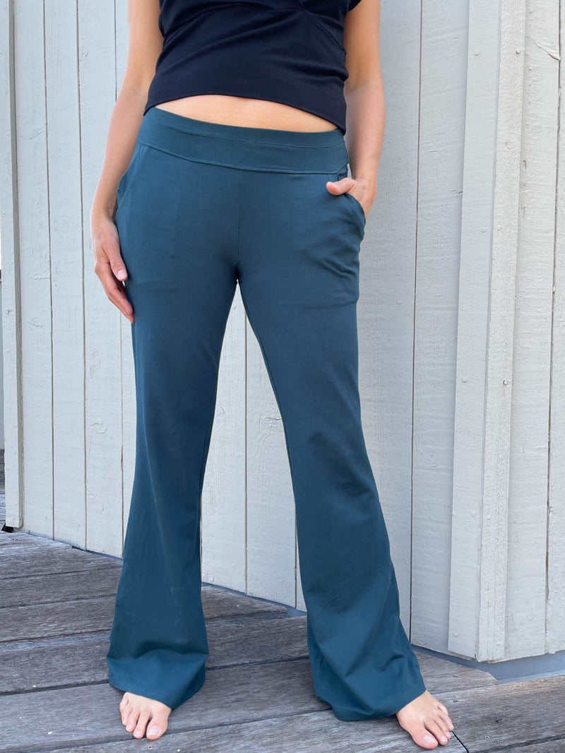 caraucci women's bamboo spandex full length teal blue pants with two front and back pockets #color_teal