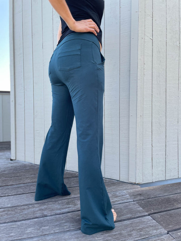 caraucci women's bamboo spandex full length teal blue pants with two front and back pockets #color_teal