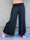 women's natural rayon lightweight loose fit adjustable black side ruched pants with stretchy wide waistband #color_black
