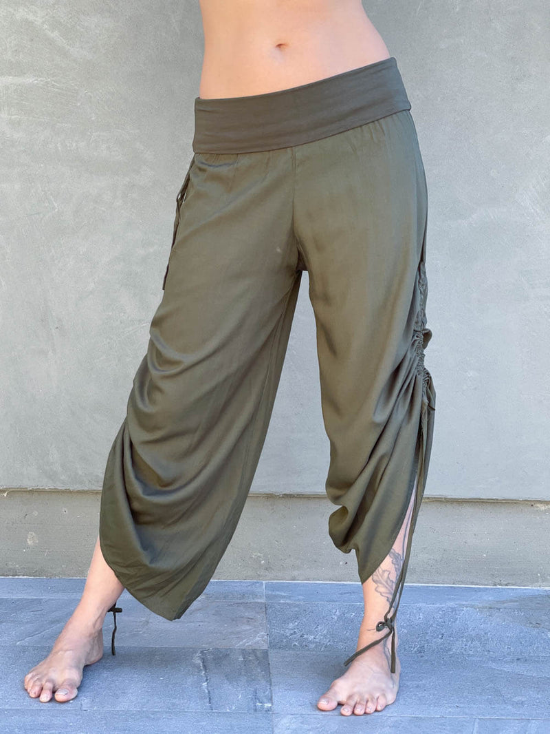 women's natural rayon lightweight loose fit adjustable forest green side ruched pants with stretchy wide waistband #color_forest