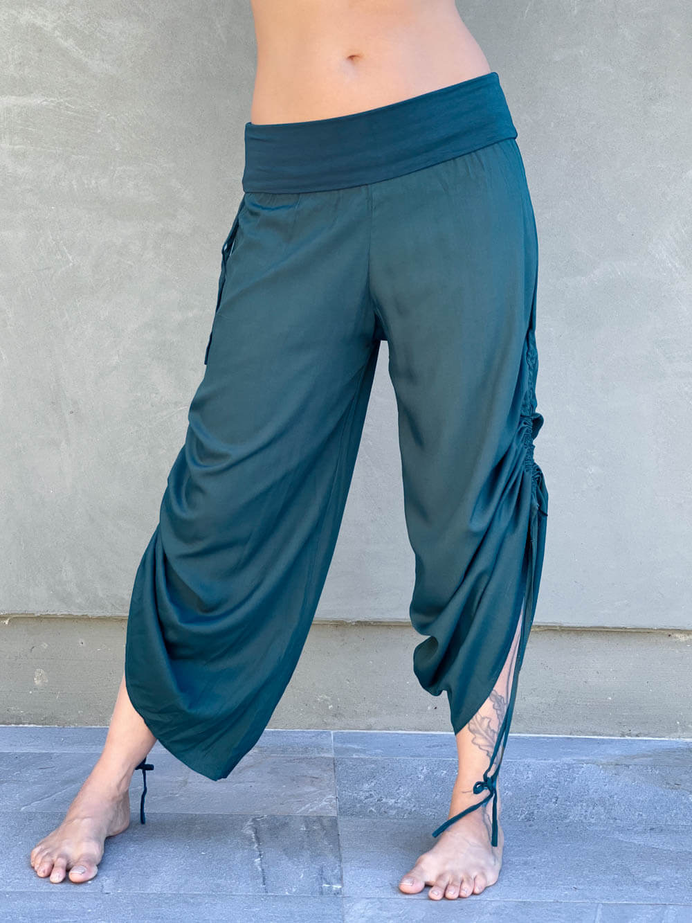 women's natural rayon lightweight loose fit adjustable teal blue side ruched pants with stretchy wide waistband #color_teal