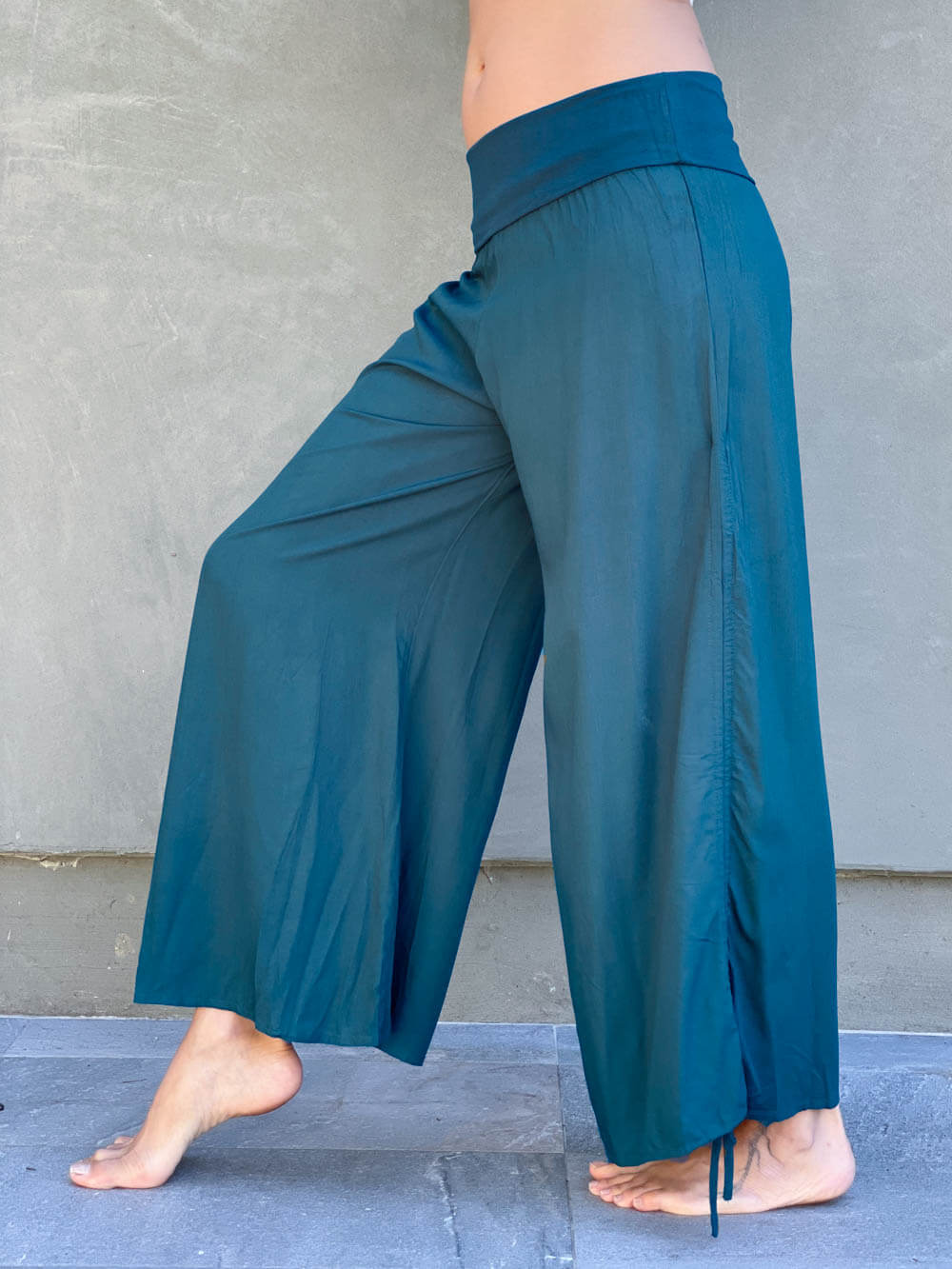 women's natural rayon lightweight loose fit adjustable teal blue side ruched pants with stretchy wide waistband #color_teal