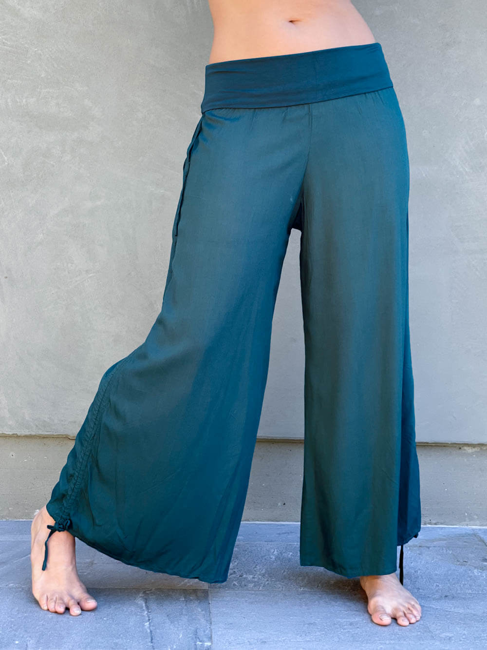 women's natural rayon lightweight loose fit adjustable teal blue side ruched pants with stretchy wide waistband #color_teal