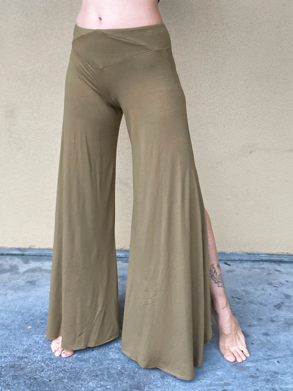 women's natural rayon jersey stretchy neutral brass color slit flow pants with elastic waistband #color_brass