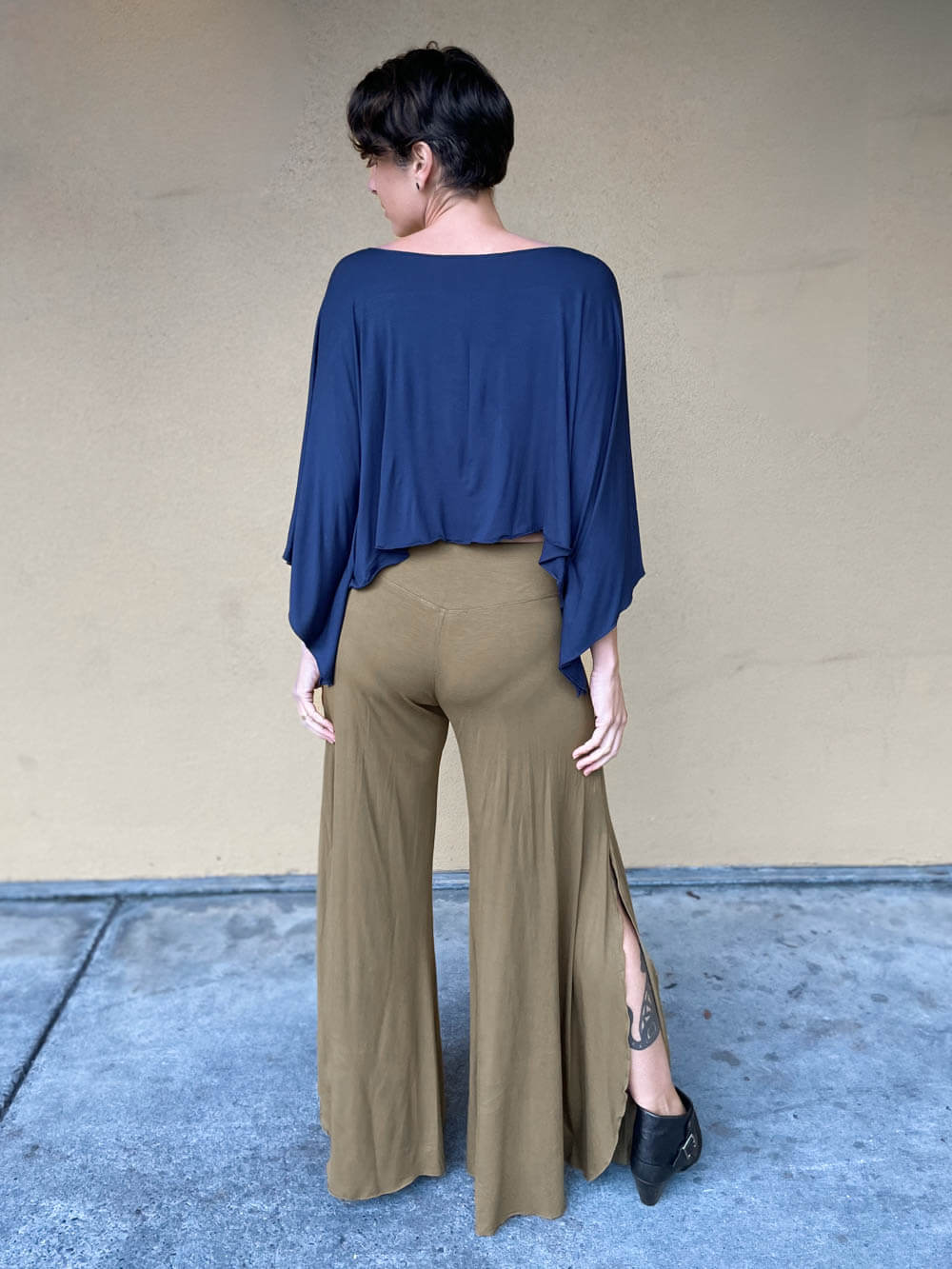 women's natural rayon jersey stretchy neutral brass color slit flow pants with elastic waistband #color_brass