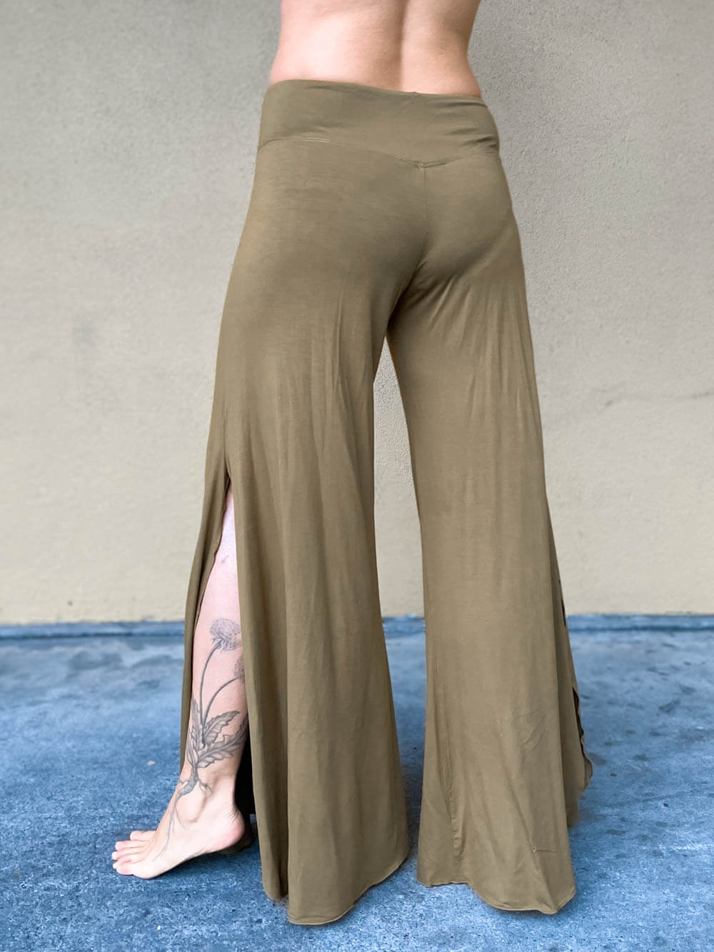 women's natural rayon jersey stretchy neutral brass color slit flow pants with elastic waistband #color_brass