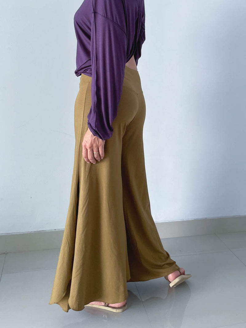 women's natural rayon jersey stretchy neutral brass color slit flow pants with elastic waistband #color_brass