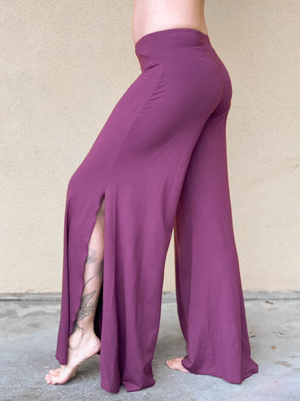 women's natural rayon jersey stretchy purple jam slit flow pants with elastic waistband #color_jam