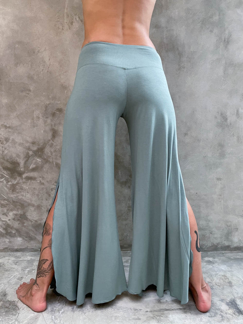 women's natural rayon jersey stretchy sage green slit flow pants with elastic waistband #color_moss