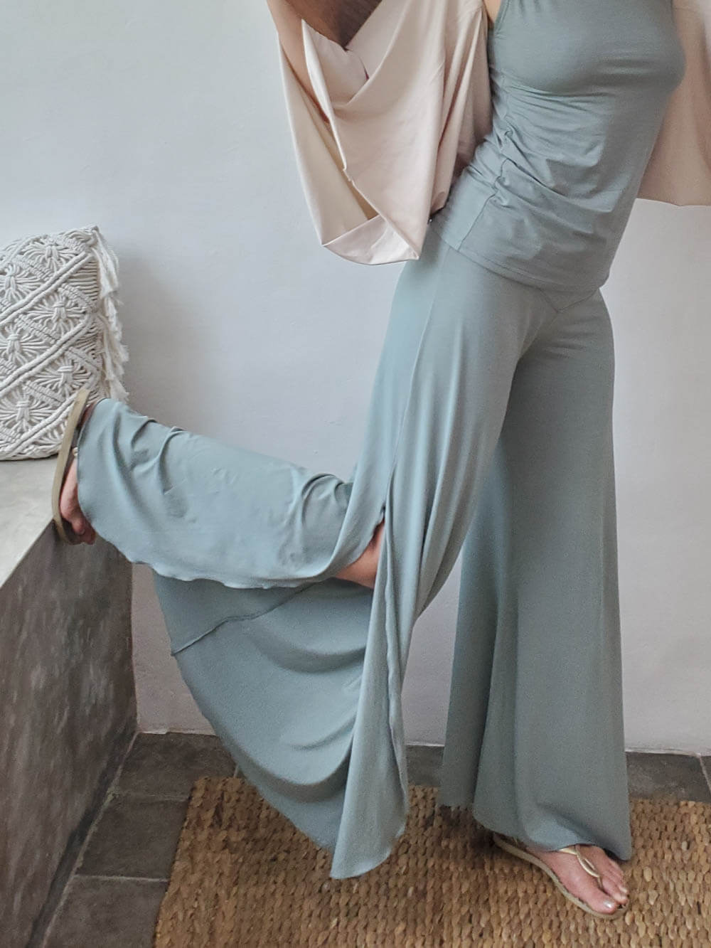 women's natural rayon jersey stretchy sage green slit flow pants with elastic waistband #color_moss