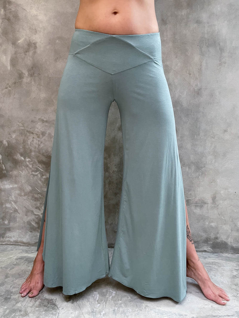 women's natural rayon jersey stretchy sage slit flow pants with elastic waistband #color_moss