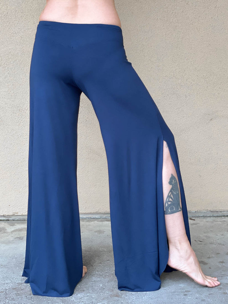 women's natural rayon jersey stretchy navy blue slit flow pants with elastic waistband #color_navy