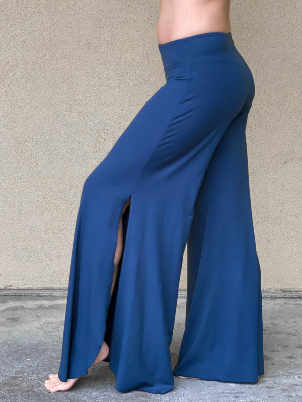 women's natural rayon jersey stretchy navy blue slit flow pants with elastic waistband #color_navy