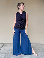 women's natural rayon jersey stretchy navy blue slit flow pants with elastic waistband #color_navy